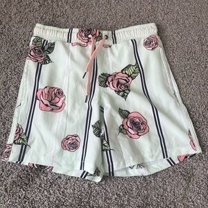 Men’s Surf Society Swim Trunks Shorts Mint Pink Roses Stripes Size S